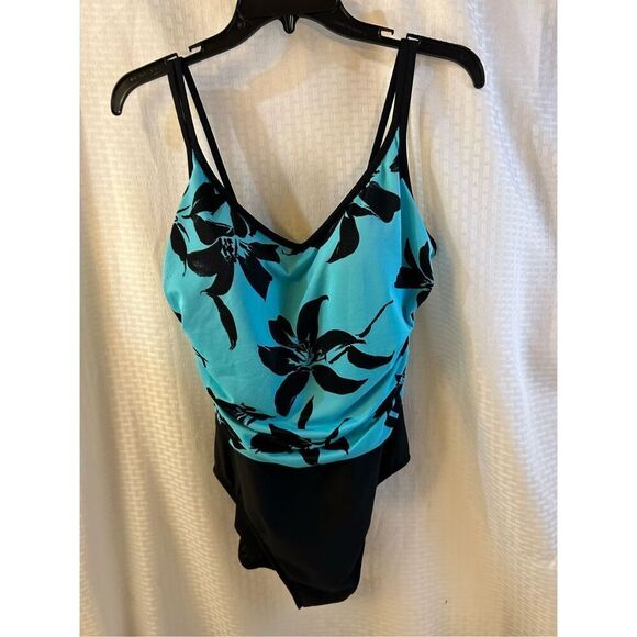 Trimshaper 14 slimming bathing suit large turquoise black swimsuit double straps - Picture 2 of 7